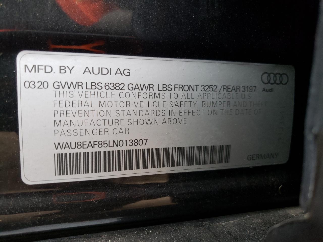 2020 Audi A8 VIN WAU8EAF85LN013807 Copart auction photo, rear end / minor dent/scratches damage thumbnail 12