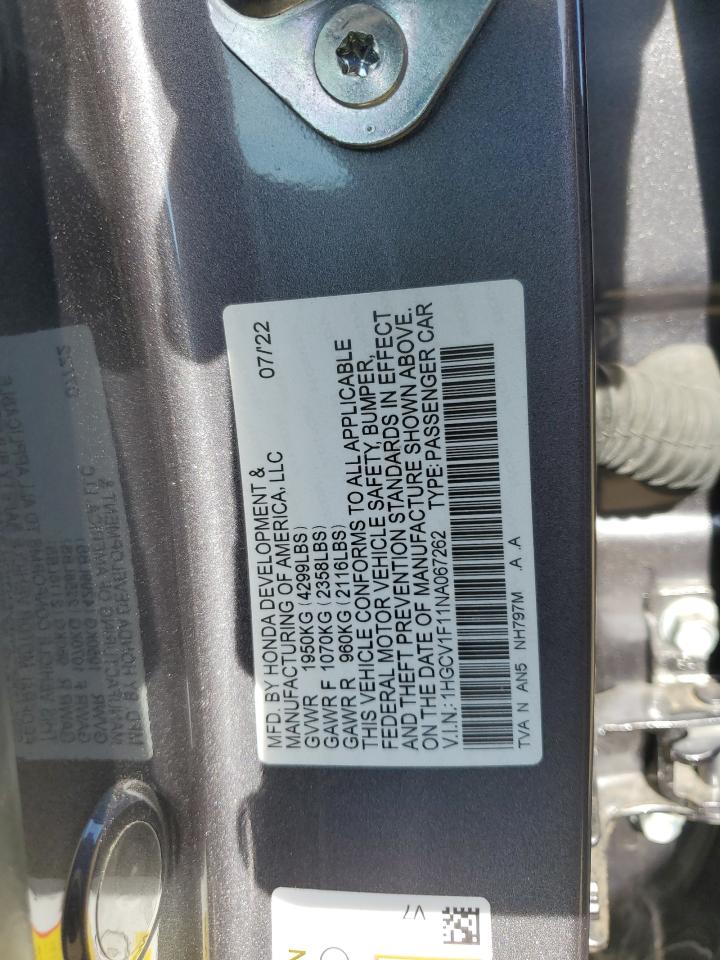 2022 Honda Accord VIN 1HGCV1F11NA067262 Copart auction photo, all over damage thumbnail 12