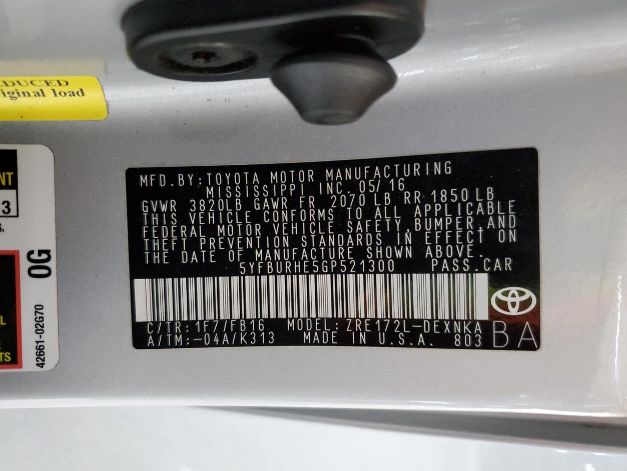 2016 Toyota Corolla VIN 5YFBURHE5GP521300 Copart auction photo, front end / side damage thumbnail 14