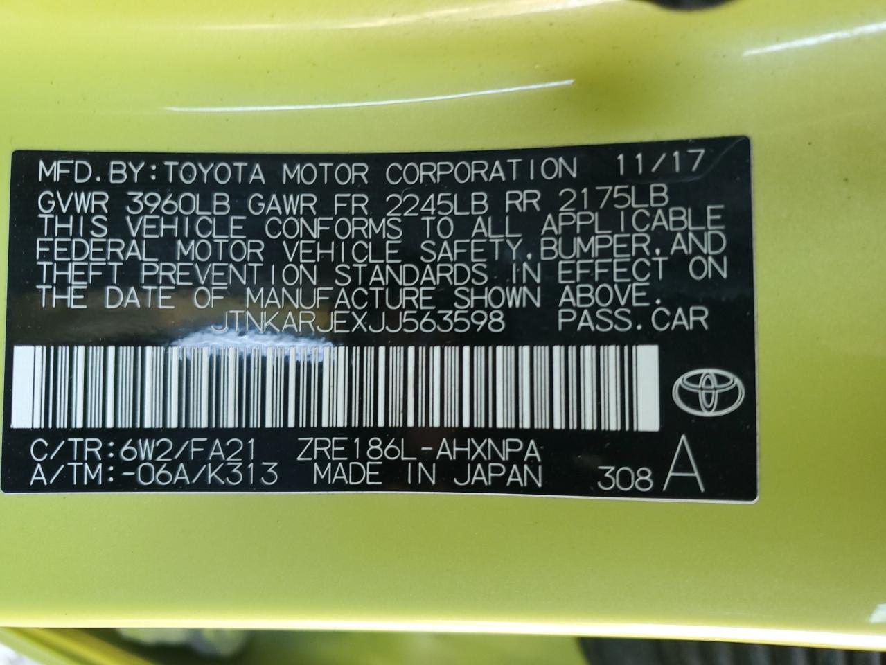2018 Toyota Corolla VIN JTNKARJEXJJ563598 Copart auction photo, front end / rear end damage thumbnail 13