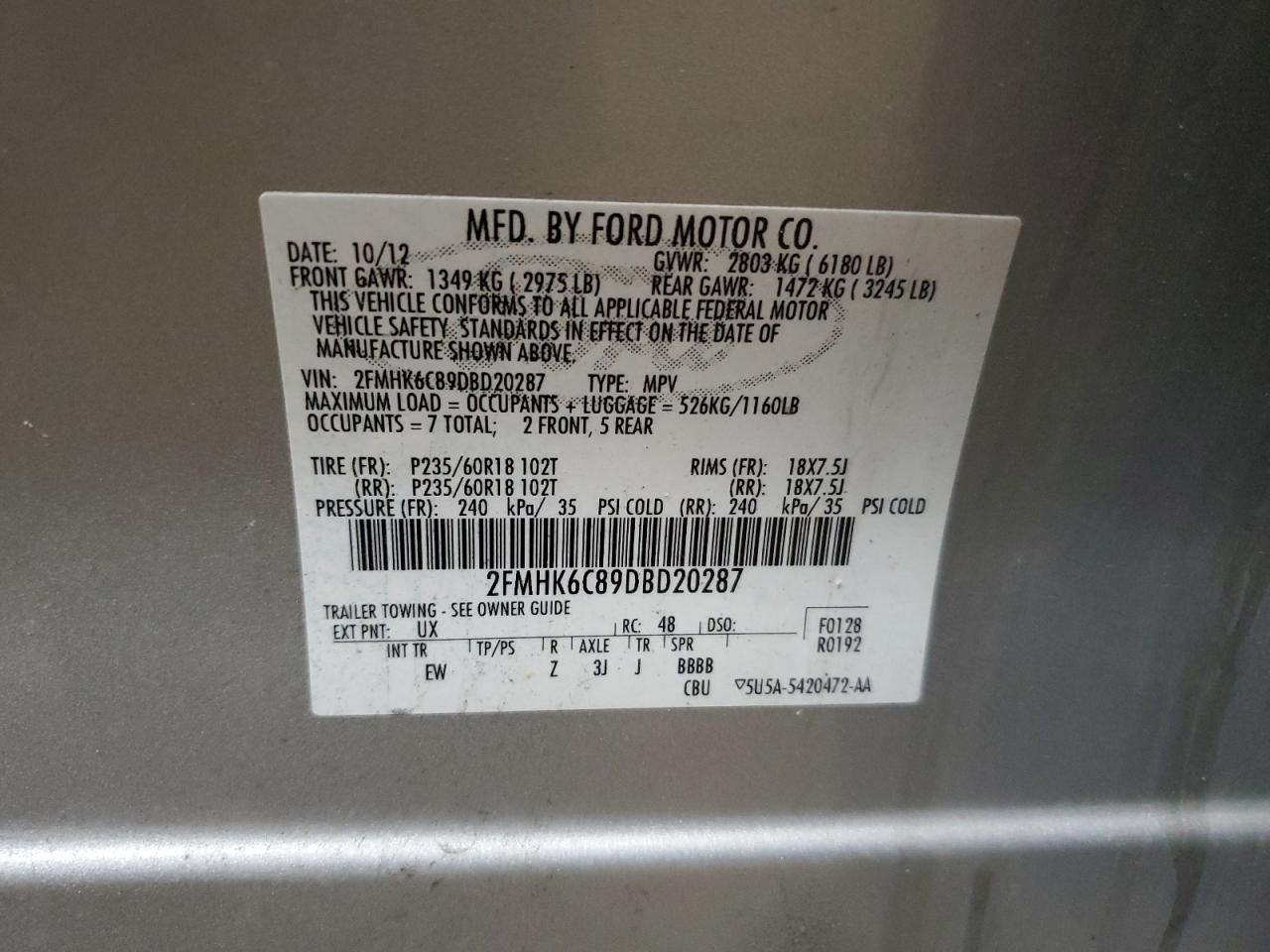 2013 Ford Flex VIN 2FMHK6C89DBD20287 Copart auction photo, vandalism damage thumbnail 13