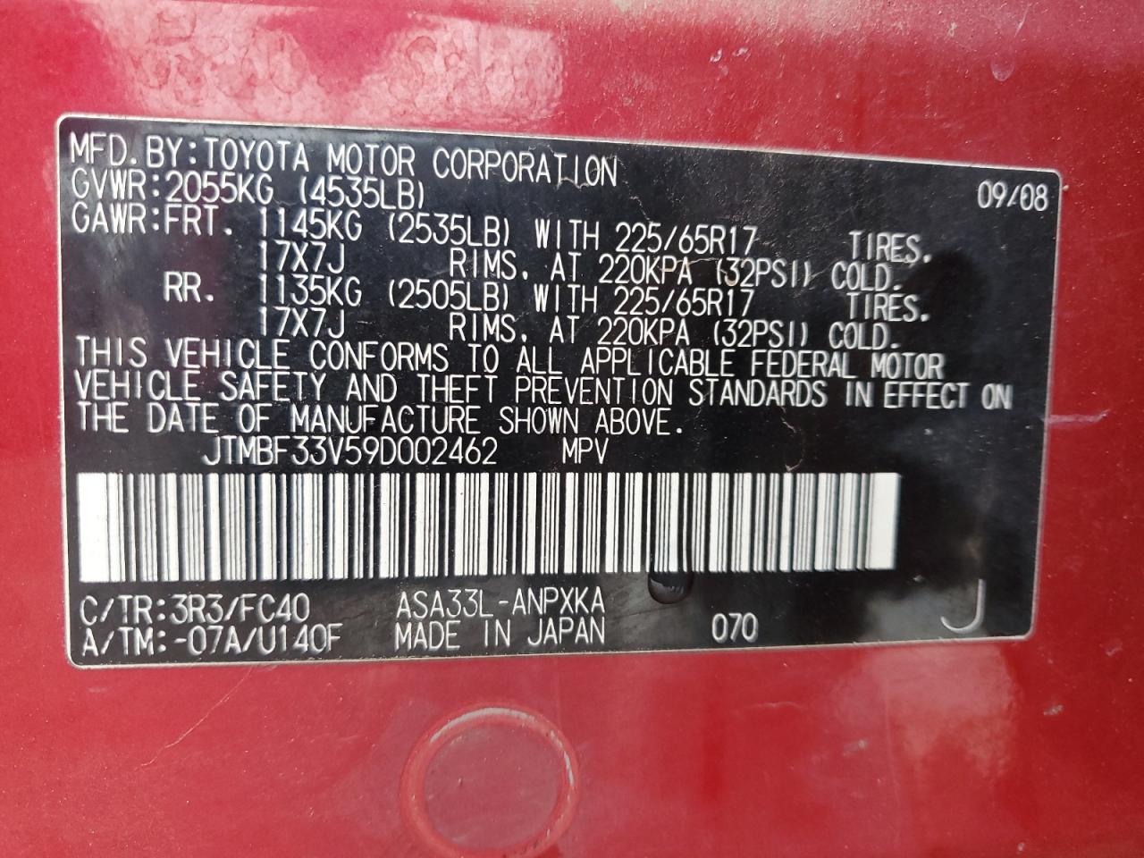 2009 Toyota RAV 4 VIN JTMBF33V59D002462 Copart auction photo, front end / side damage thumbnail 13