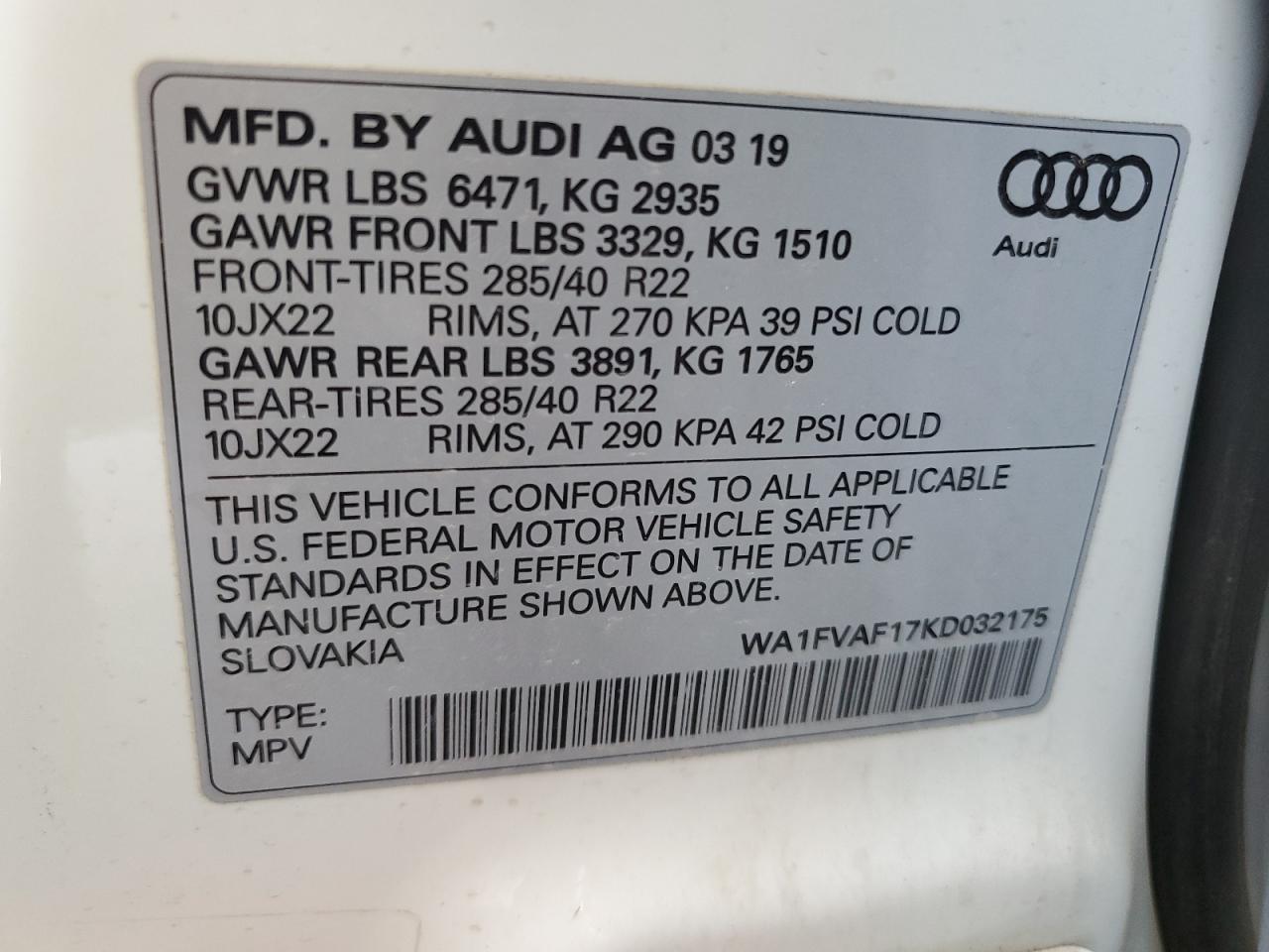 2019 Audi Q8 VIN WA1FVAF17KD032175 Copart auction photo, front end damage thumbnail 13