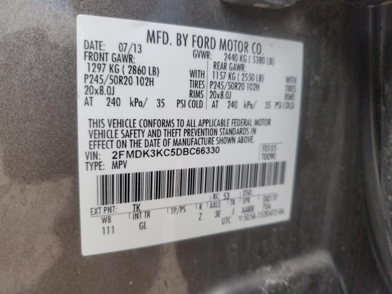 2013 Ford Edge VIN 2FMDK3KC5DBC66330 Copart auction photo, side damage thumbnail 13