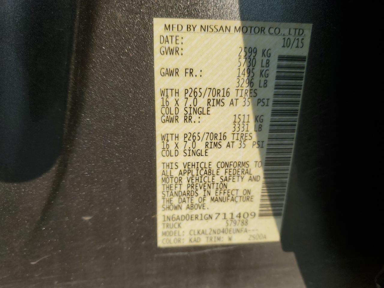2016 Nissan Navara (Frontier) VIN 1N6AD0ER1GN711409 Copart auction photo, front end damage thumbnail 14