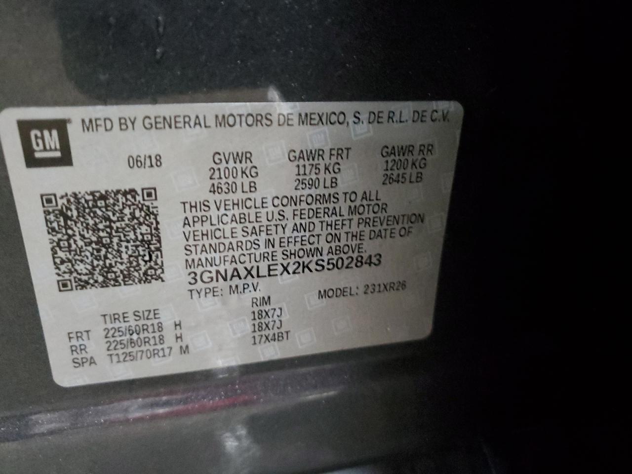 2019 Chevrolet Equinox VIN 3GNAXLEX2KS502843 Copart auction photo, front end / minor dent/scratches damage thumbnail 14