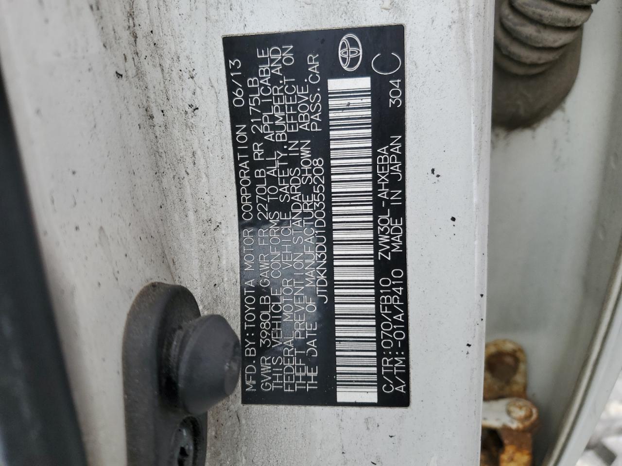 2013 Toyota Prius VIN JTDKN3DU1D0355208 Copart auction photo, burn damage thumbnail 13
