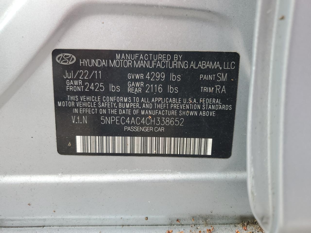 2012 Hyundai Sonata VIN 5NPEC4AC4CH338652 Copart auction photo, mechanical damage thumbnail 12