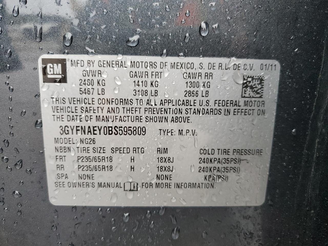 2011 Cadillac SRX VIN 3GYFNAEY0BS595809 Copart auction photo, rear end damage thumbnail 13