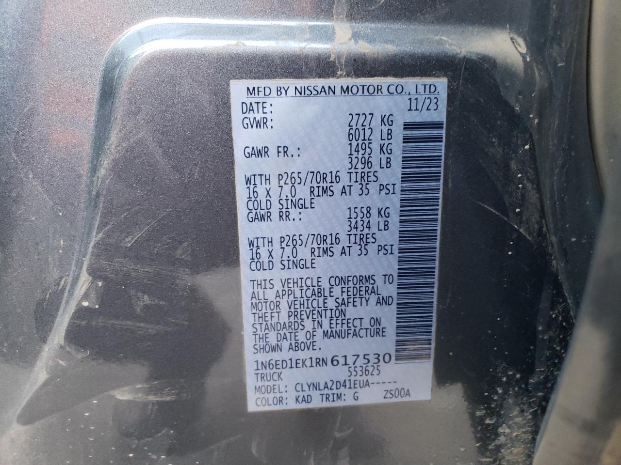 2024 Nissan Navara (Frontier) VIN 1N6ED1EK1RN617530 Copart auction photo, all over / mechanical damage thumbnail 12