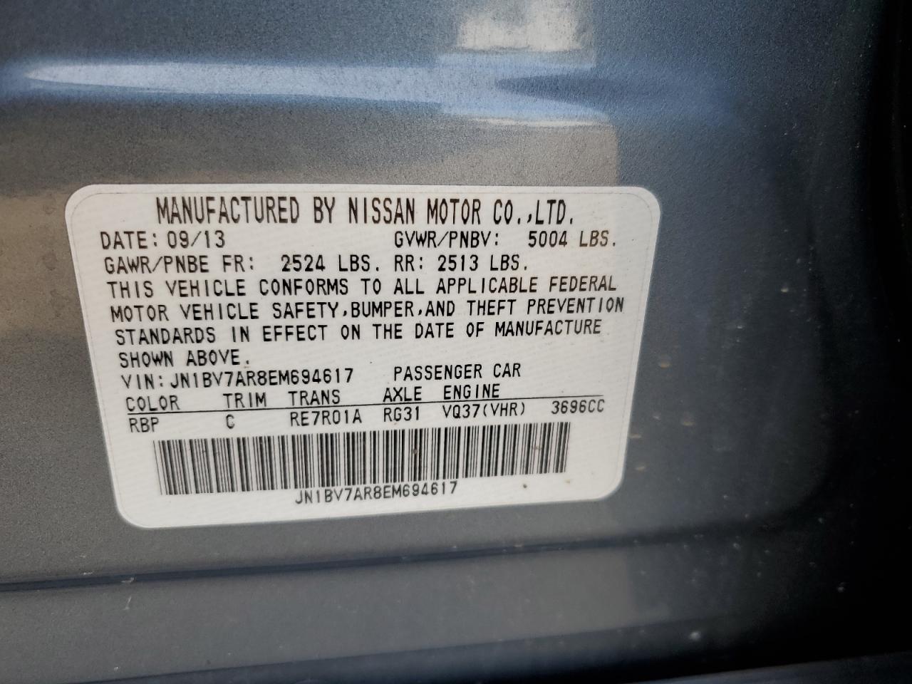 2014 Infiniti Q50 VIN JN1BV7AR8EM694617 Copart auction photo, side / rear end damage thumbnail 12
