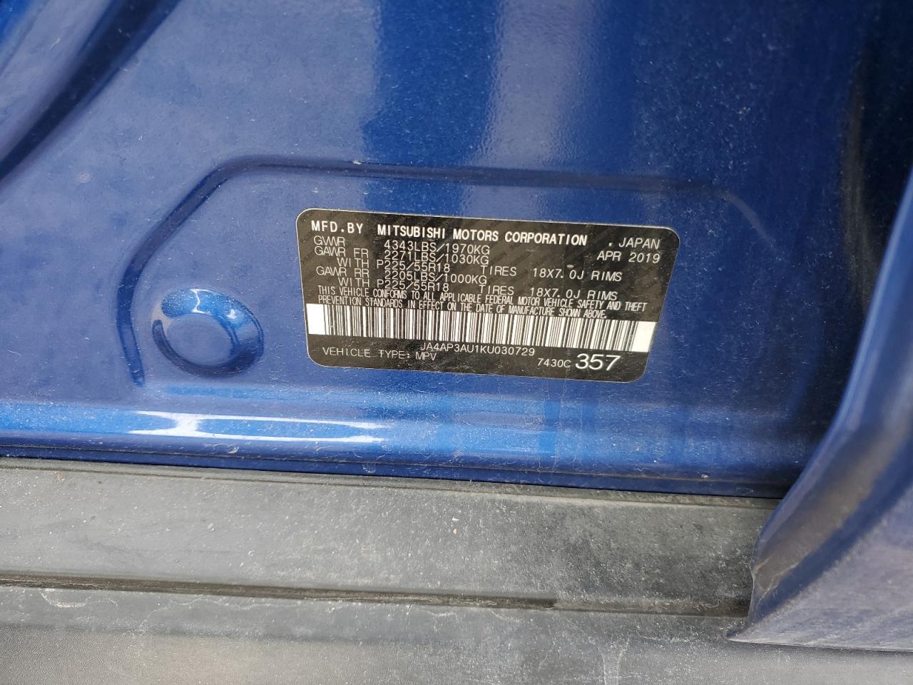 2019 Mitsubishi Outlander VIN JA4AP3AU1KU030729 Copart auction photo, front end / rear end damage thumbnail 12