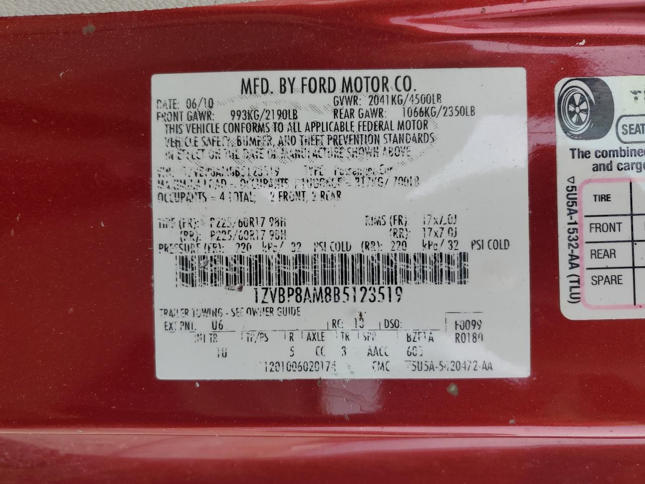 2011 Ford Mustang VIN 1ZVBP8AM8B5123519 Copart auction photo, front end damage thumbnail 13