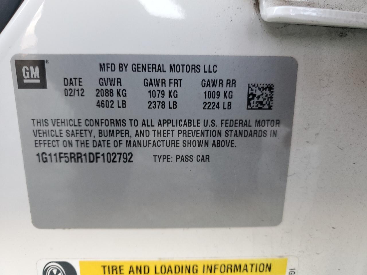 2013 Chevrolet Malibu VIN 1G11F5RR1DF102792 Copart auction photo, front end / side damage thumbnail 12