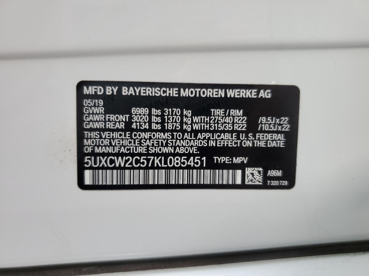 2019 BMW X7 VIN 5UXCW2C57KL085451 Copart auction photo, water/flood damage thumbnail 14
