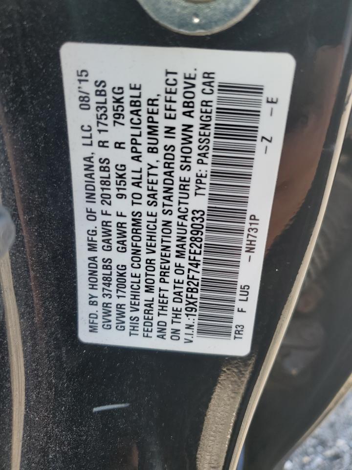 2015 Honda Civic VIN 19XFB2F74FE289033 Copart auction photo, undercarriage / front end damage thumbnail 14