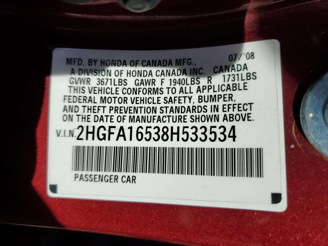2008 Honda Civic VIN 2HGFA16538H533534 Copart auction photo, side / front end damage thumbnail 12