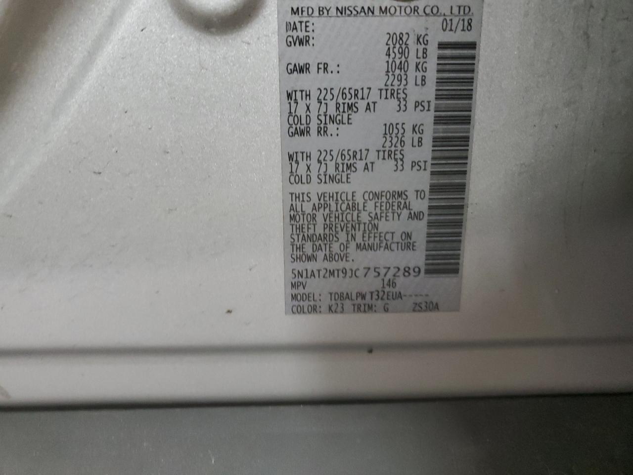 2018 Nissan Rogue VIN 5N1AT2MT9JC757289 Copart auction photo, front end damage thumbnail 13