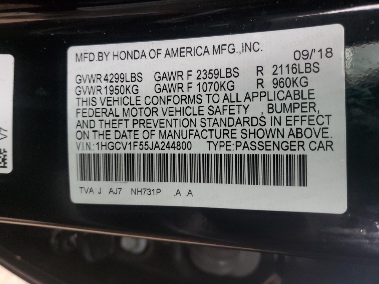 2018 Honda Accord VIN 1HGCV1F55JA244800 Copart auction photo, side / rear end damage thumbnail 14