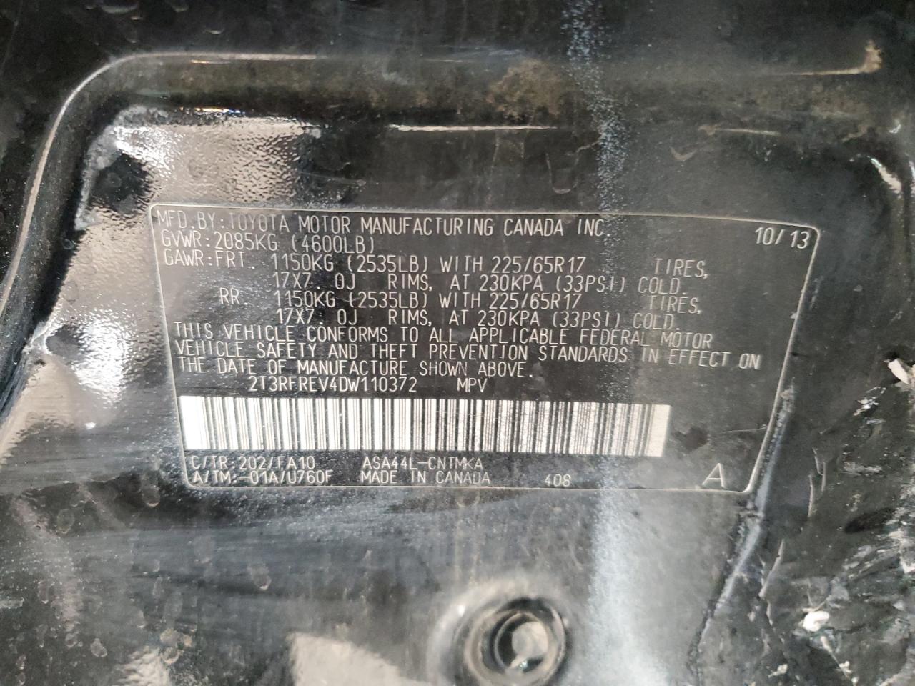 2013 Toyota RAV 4 VIN 2T3RFREV4DW110372 Copart auction photo, side / rear end damage thumbnail 15