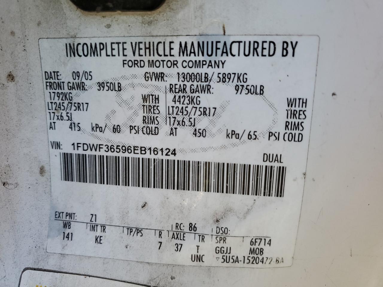 2006 Ford F350 VIN 1FDWF36596EB16124 Copart auction photo, front end / side damage thumbnail 12