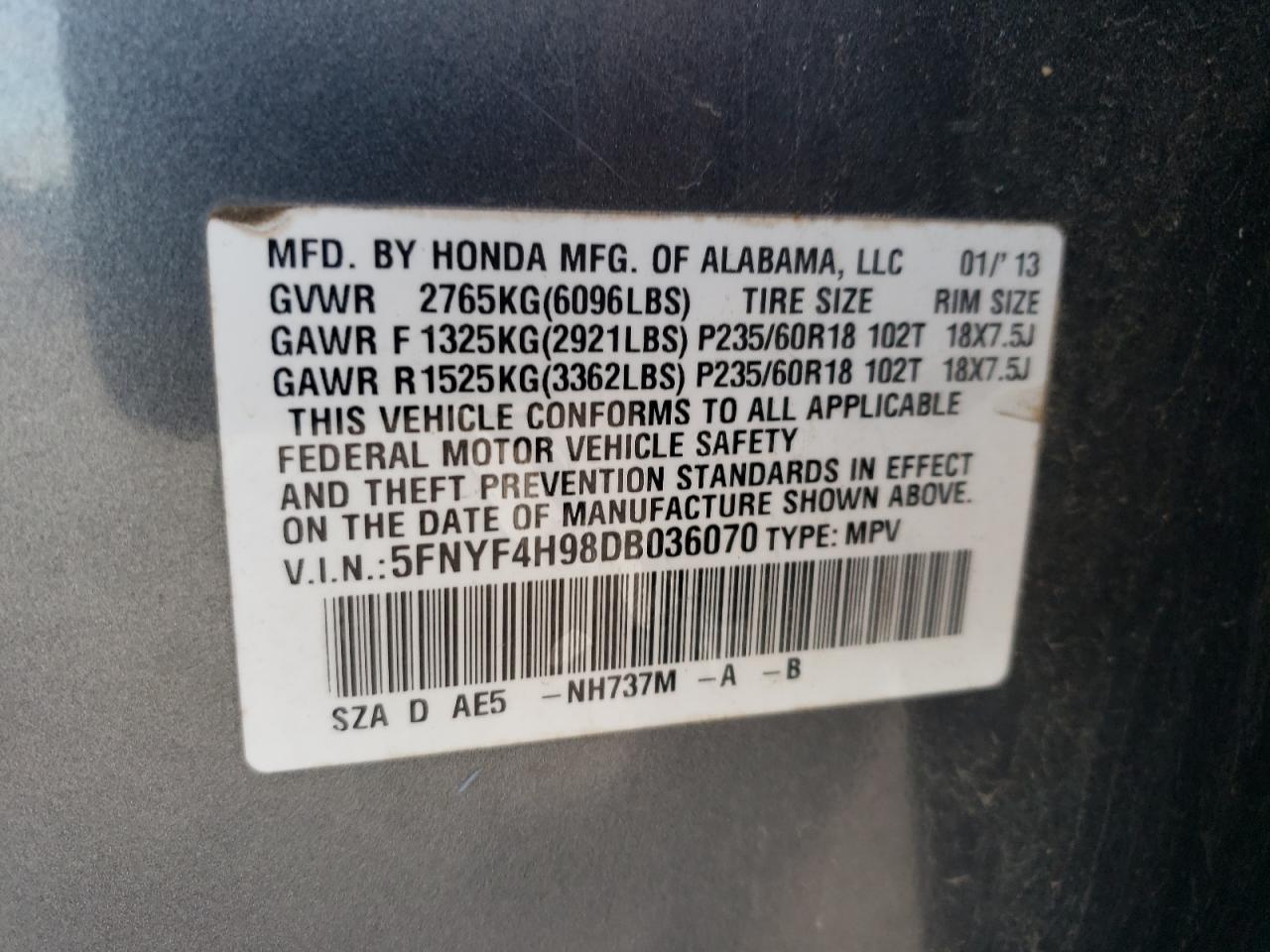 2013 Honda Pilot VIN 5FNYF4H98DB036070 Copart auction photo, front end / minor dent/scratches damage thumbnail 14