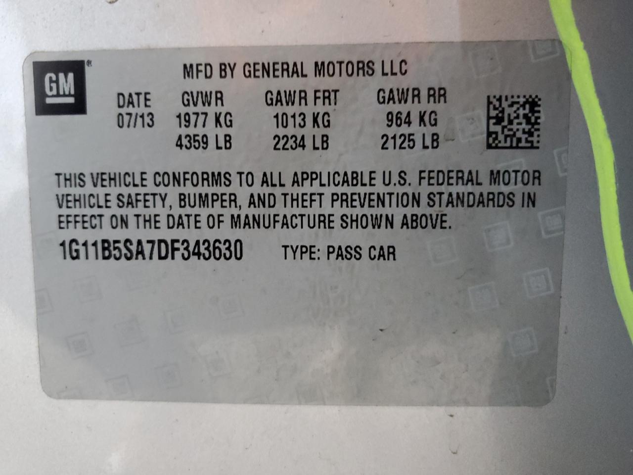 2013 Chevrolet Malibu VIN 1G11B5SA7DF343630 Copart auction photo, side damage thumbnail 13