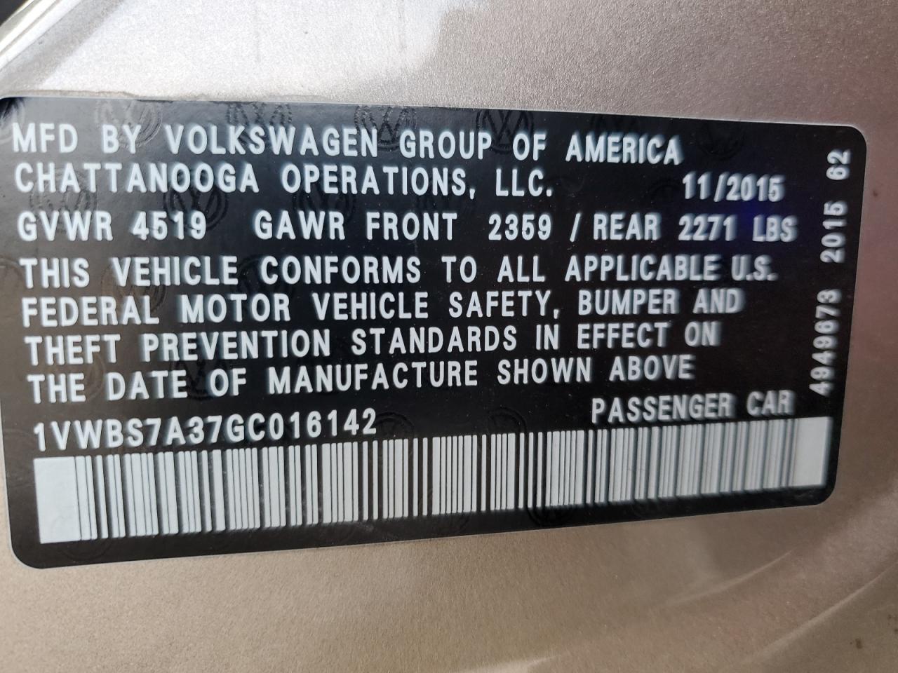2016 Volkswagen Passat VIN 1VWBS7A37GC016142 Copart auction photo, front end damage thumbnail 12