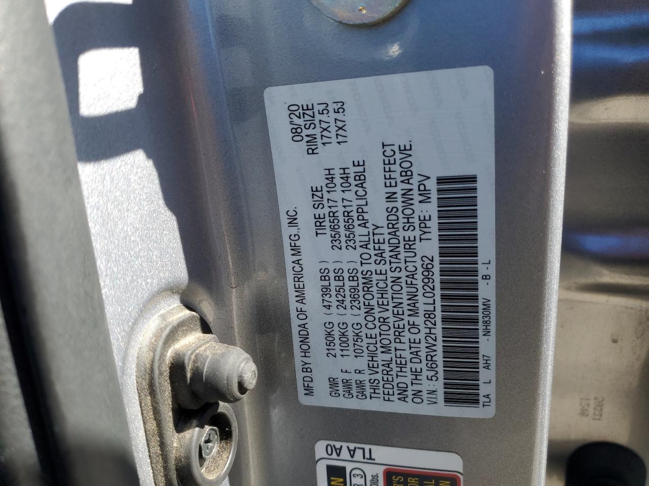 2020 Honda CR-V VIN 5J6RW2H28LL029962 Copart auction photo, front end / mechanical damage thumbnail 16
