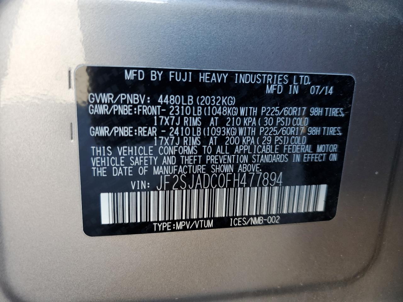 2015 Subaru Forester VIN JF2SJADC0FH477894 Copart auction photo, side / rear end damage thumbnail 16