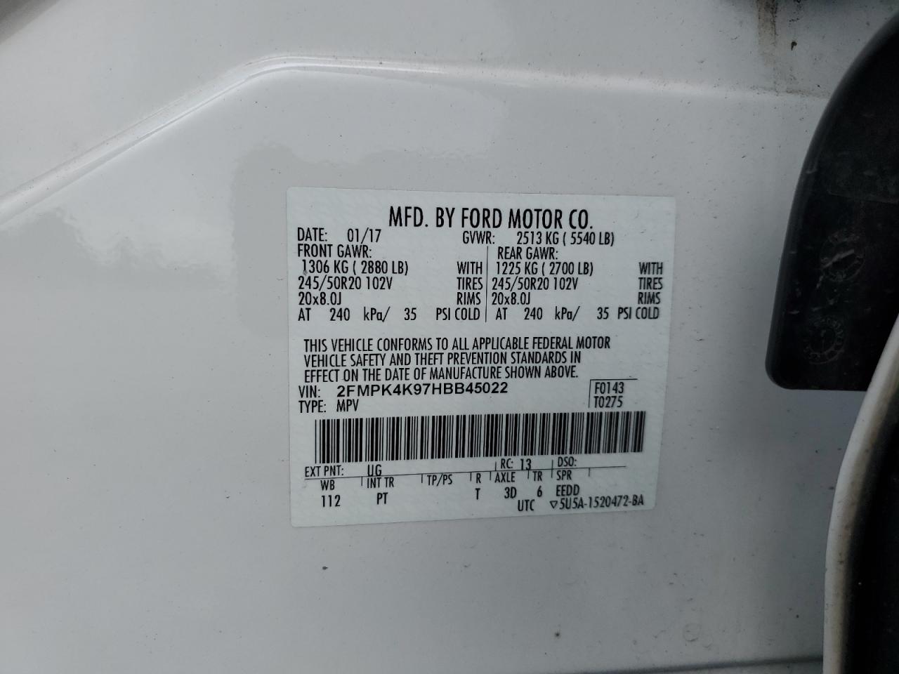 2017 Ford Edge VIN 2FMPK4K97HBB45022 Copart auction photo, front end damage thumbnail 13