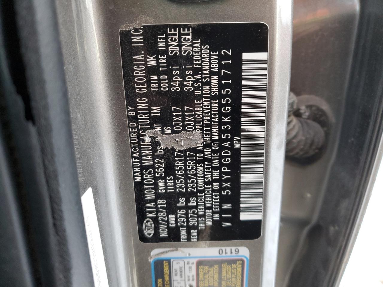 2019 KIA Sorento VIN 5XYPGDA53KG551712 Copart auction photo, front end / minor dent/scratches damage thumbnail 14