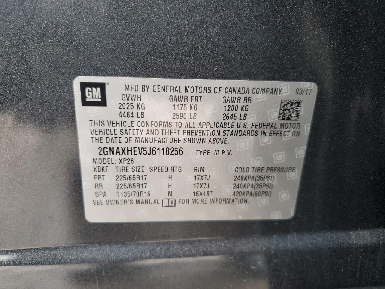 2018 Chevrolet Equinox VIN 2GNAXHEV5J6118256 Copart auction photo, front end / side damage thumbnail 13