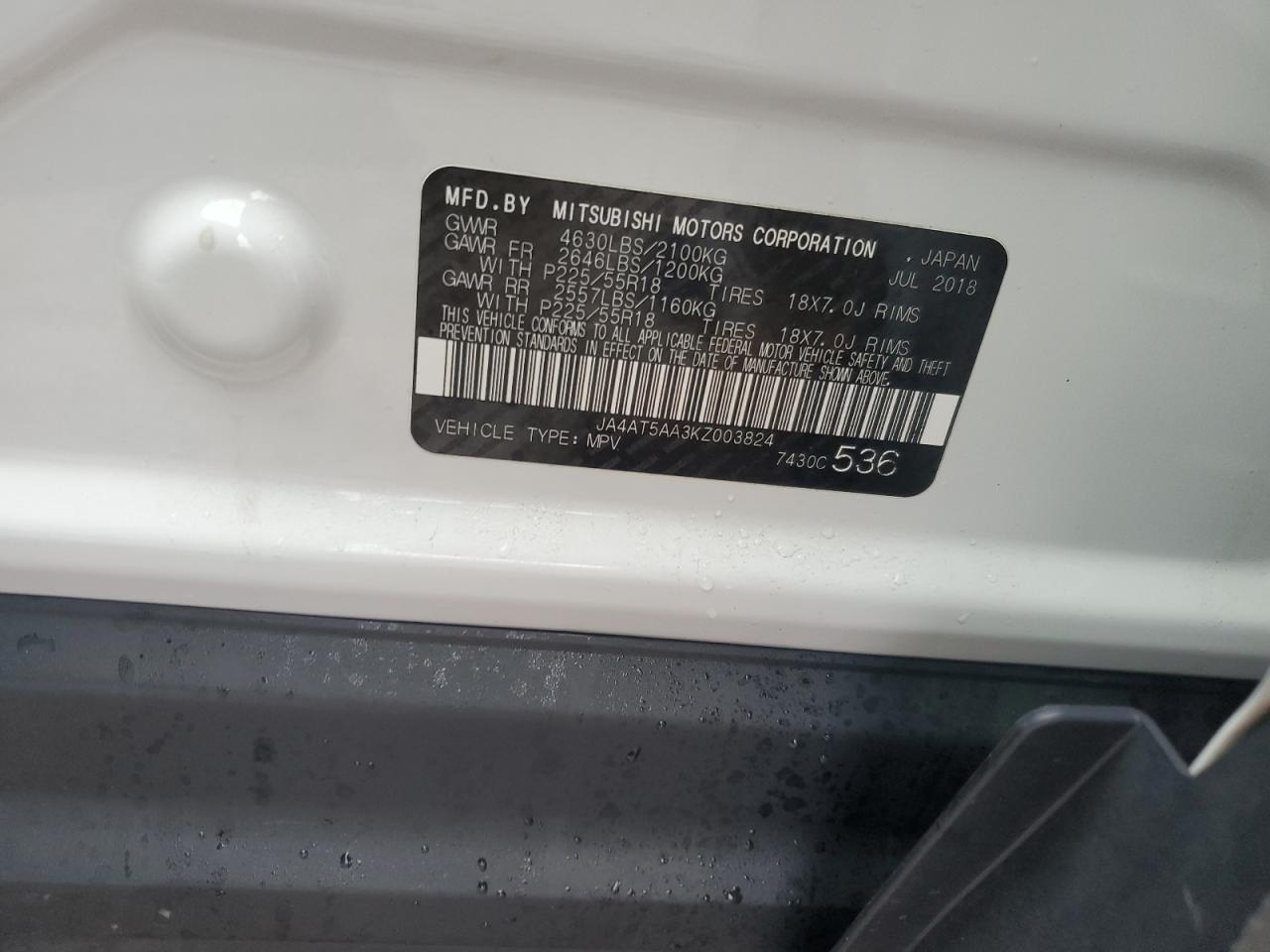 2019 Mitsubishi Eclipse VIN JA4AT5AA3KZ003824 Copart auction photo, front end / side damage thumbnail 15