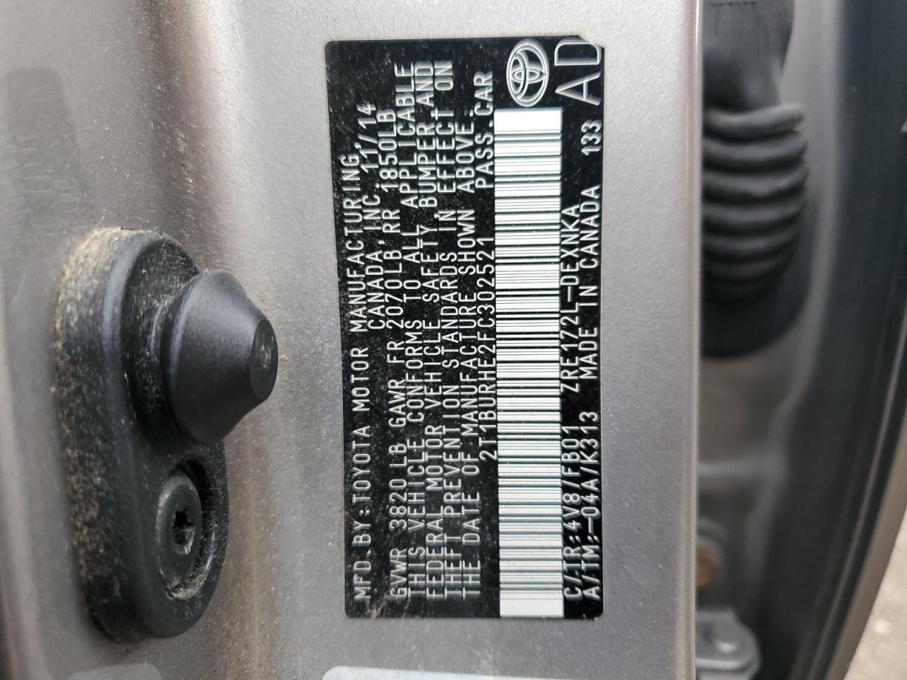 2015 Toyota Corolla VIN 2T1BURHE2FC302521 Copart auction photo, front end / side damage thumbnail 15