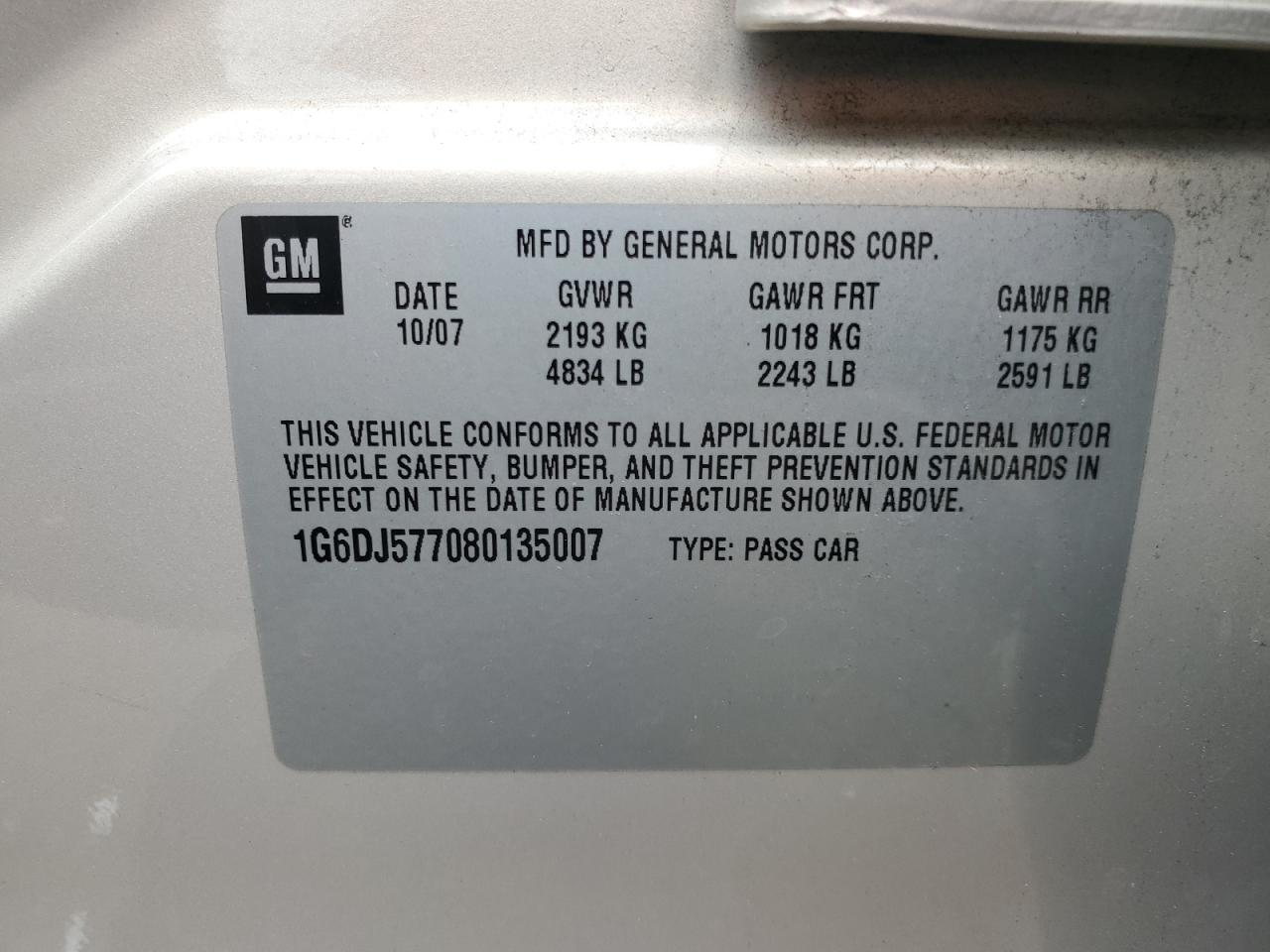 2008 Cadillac CTS VIN 1G6DJ577080135007 Copart auction photo, front end damage thumbnail 12