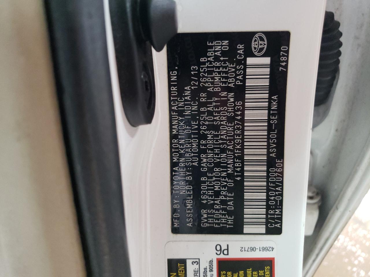 2014 Toyota Camry VIN 4T4BF1FK9ER374436 Copart auction photo, front end damage thumbnail 12