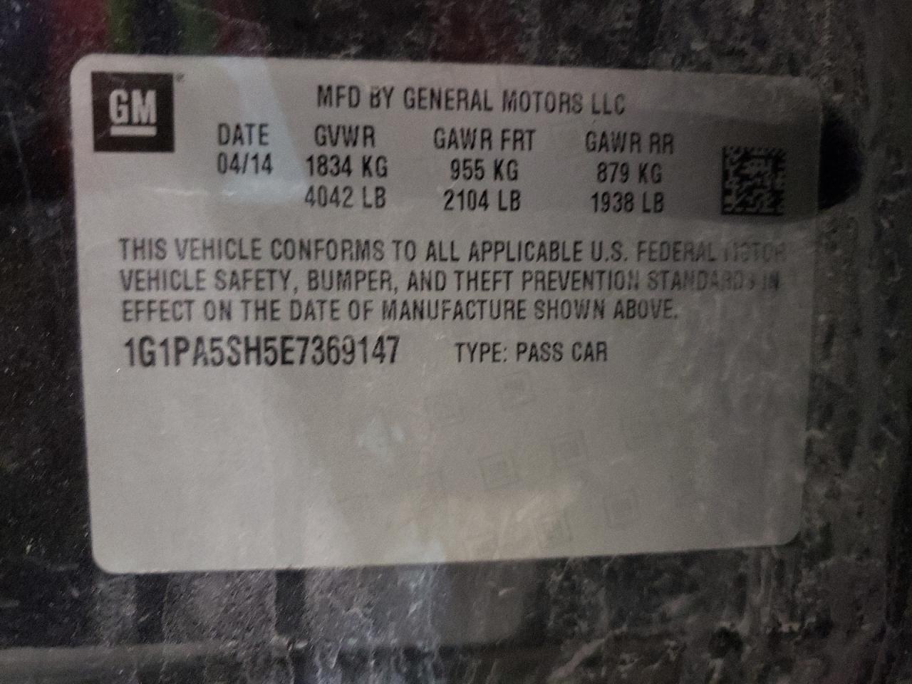 2014 Chevrolet Cruze VIN 1G1PA5SH5E7369147 Copart auction photo, front end / rear end damage thumbnail 10