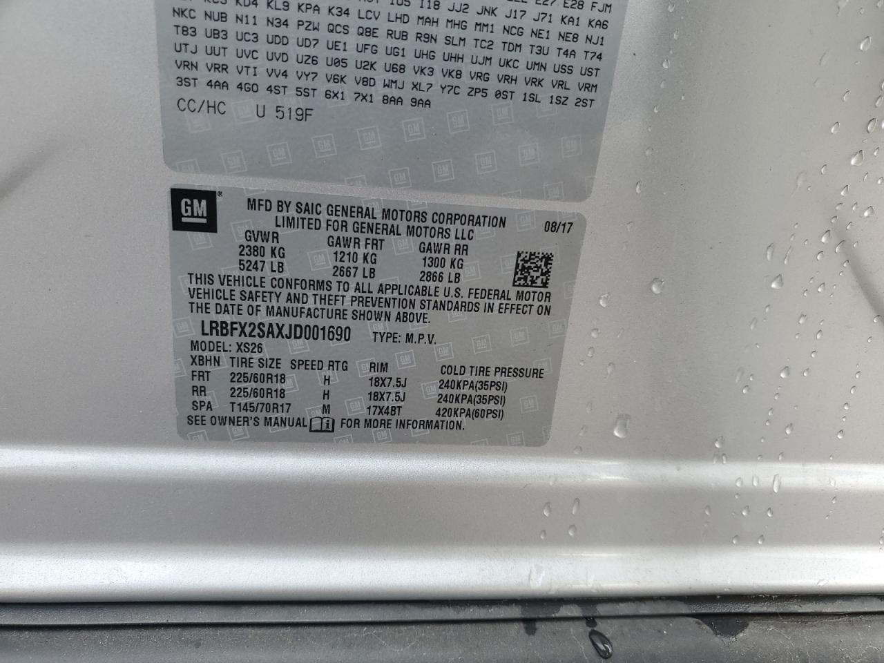 2018 Buick Envision VIN LRBFX2SAXJD001690 Copart auction photo, front end damage thumbnail 15