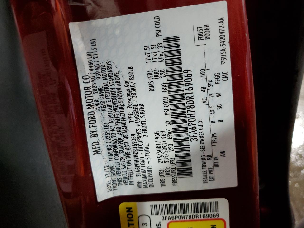 2013 Ford Fusion VIN 3FA6P0H78DR169069 Copart auction photo, front end / rear end damage thumbnail 14