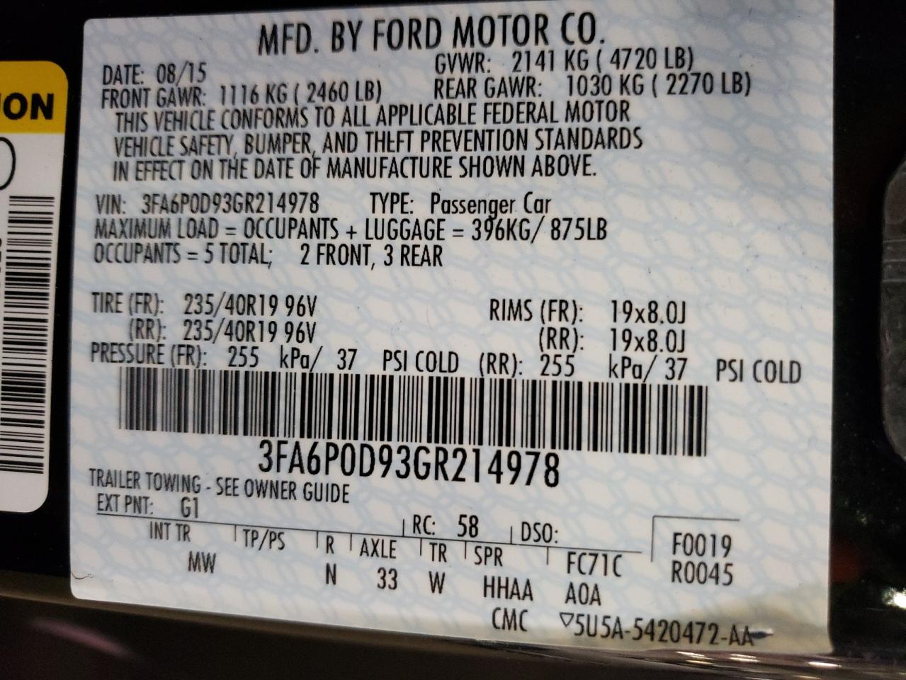 2016 Ford Fusion VIN 3FA6P0D93GR214978 Copart auction photo, side damage thumbnail 12