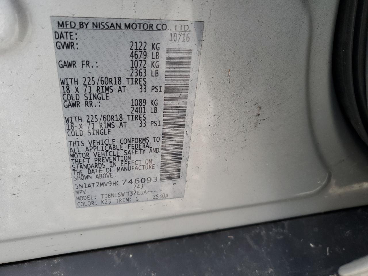2017 Nissan Rogue VIN 5N1AT2MV9HC746093 Copart auction photo, front end / side damage thumbnail 15
