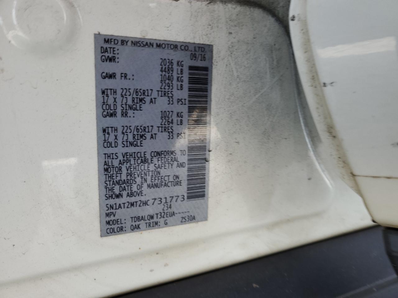 2017 Nissan Rogue VIN 5N1AT2MT2HC731773 Copart auction photo, side / rear end damage thumbnail 15