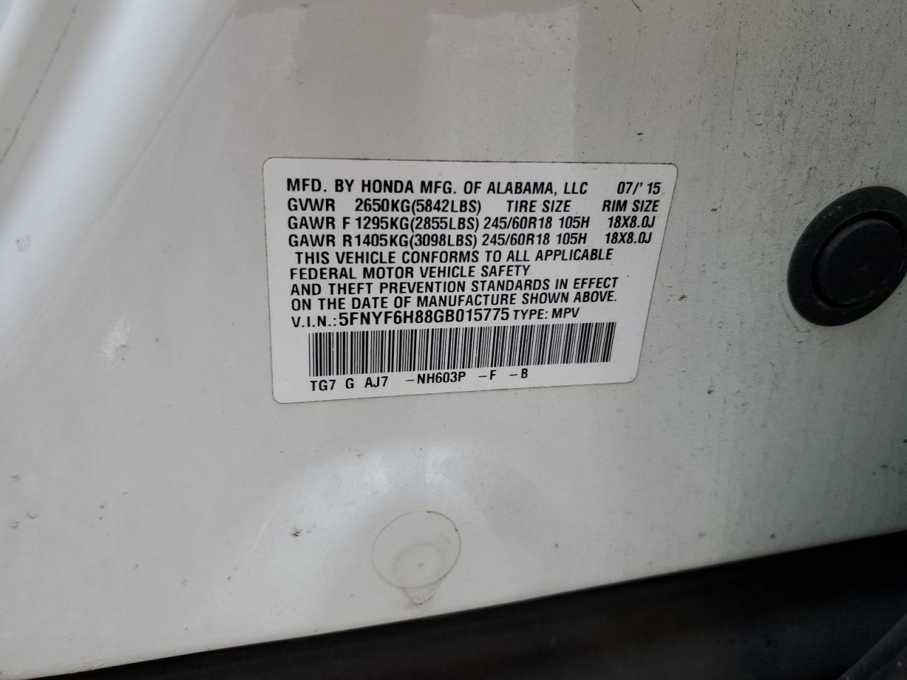 2016 Honda Pilot VIN 5FNYF6H88GB015775 Copart auction photo, front end damage thumbnail 13