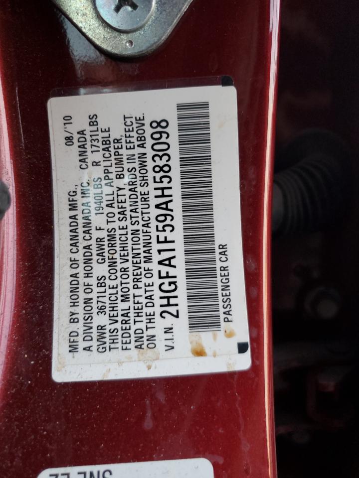 2010 Honda Civic VIN 2HGFA1F59AH583098 Copart auction photo, front end damage thumbnail 14