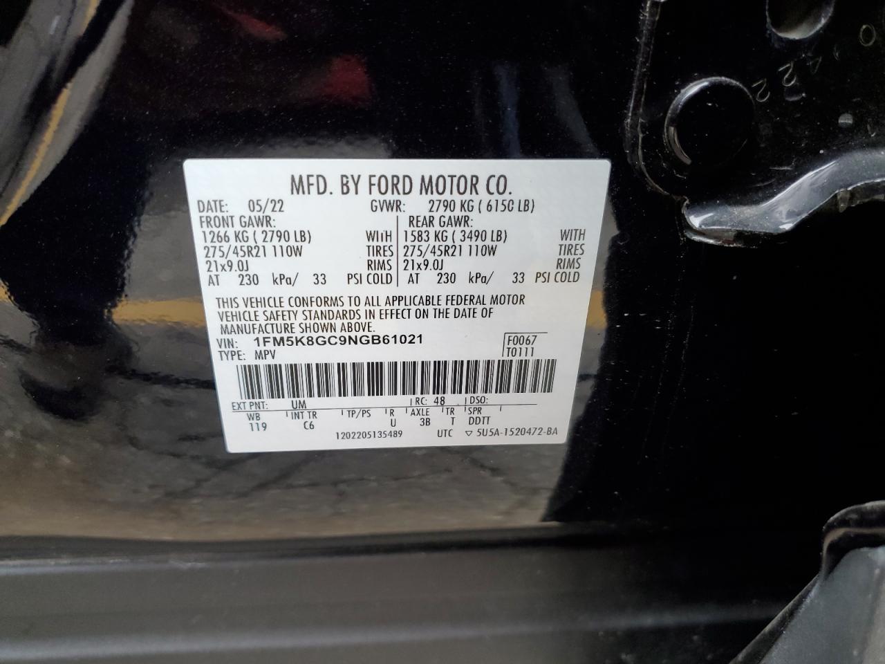 2022 Ford Explorer VIN 1FM5K8GC9NGB61021 Copart auction photo, front end damage thumbnail 14