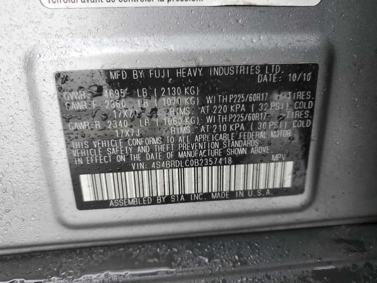 2011 Subaru Outback VIN 4S4BRDLC0B2357418 Copart auction photo, front end / rear end damage thumbnail 14