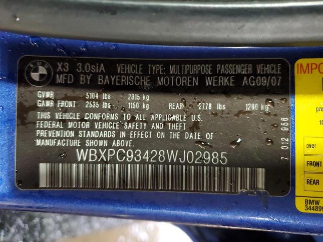 2008 BMW X3 VIN WBXPC93428WJ02985 Copart auction photo, front end / rear end damage thumbnail 12