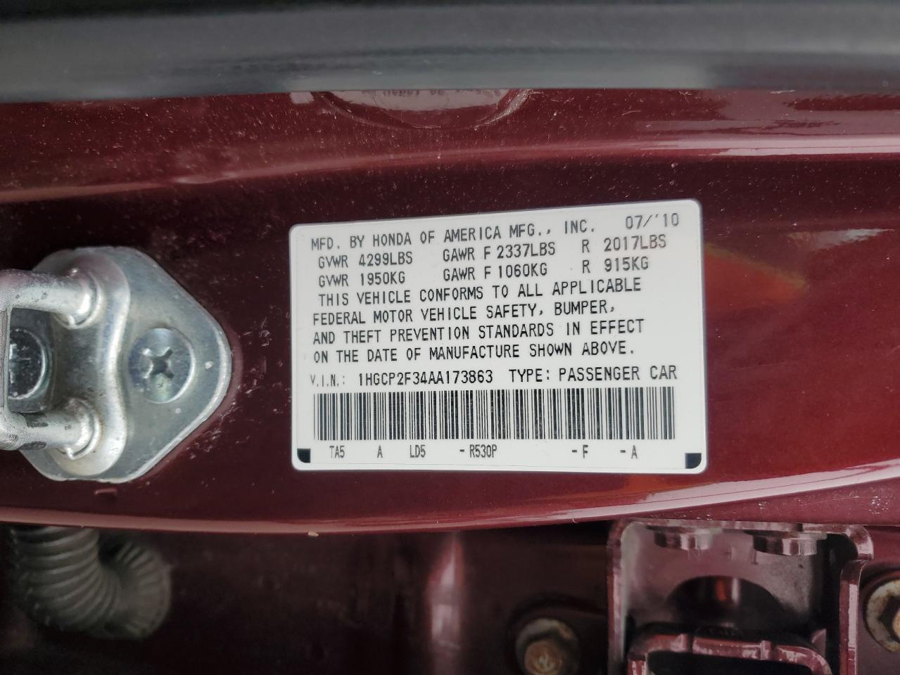 2010 Honda Accord VIN 1HGCP2F34AA173863 Copart auction photo, front end / rear end damage thumbnail 12