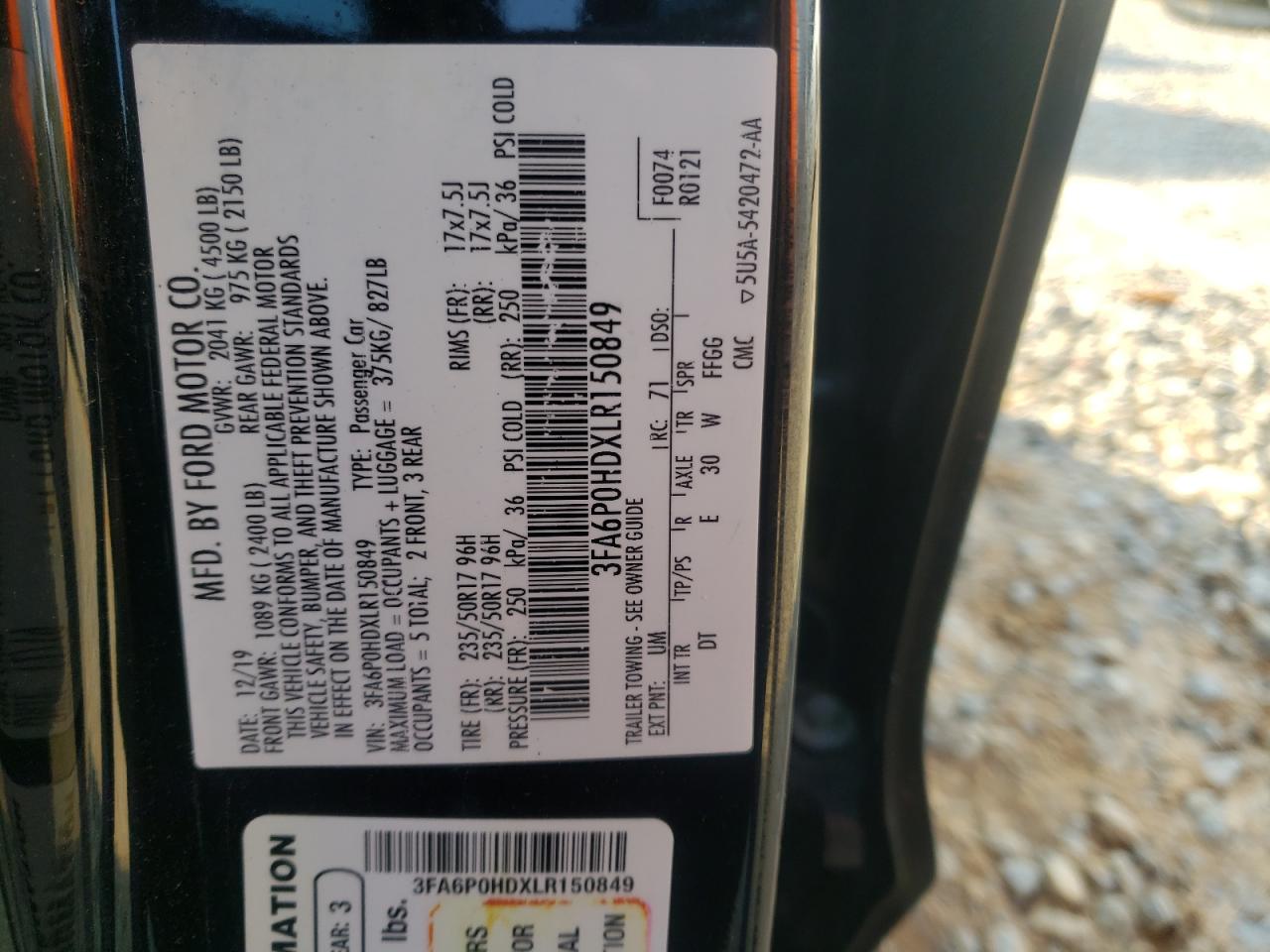 2020 Ford Fusion VIN 3FA6P0HDXLR150849 Copart auction photo, top/roof damage thumbnail 12
